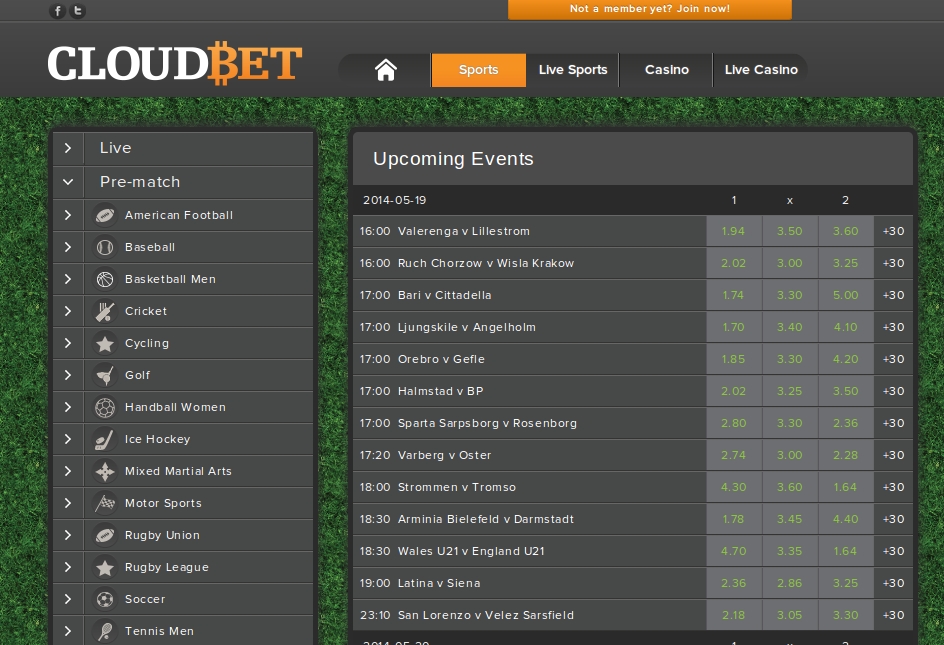 CloudBet Sports Betting screen-shot taken on the 18th of May 2014