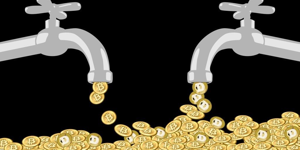Picture of two taps with Bitcoins and Dogecoins coming out