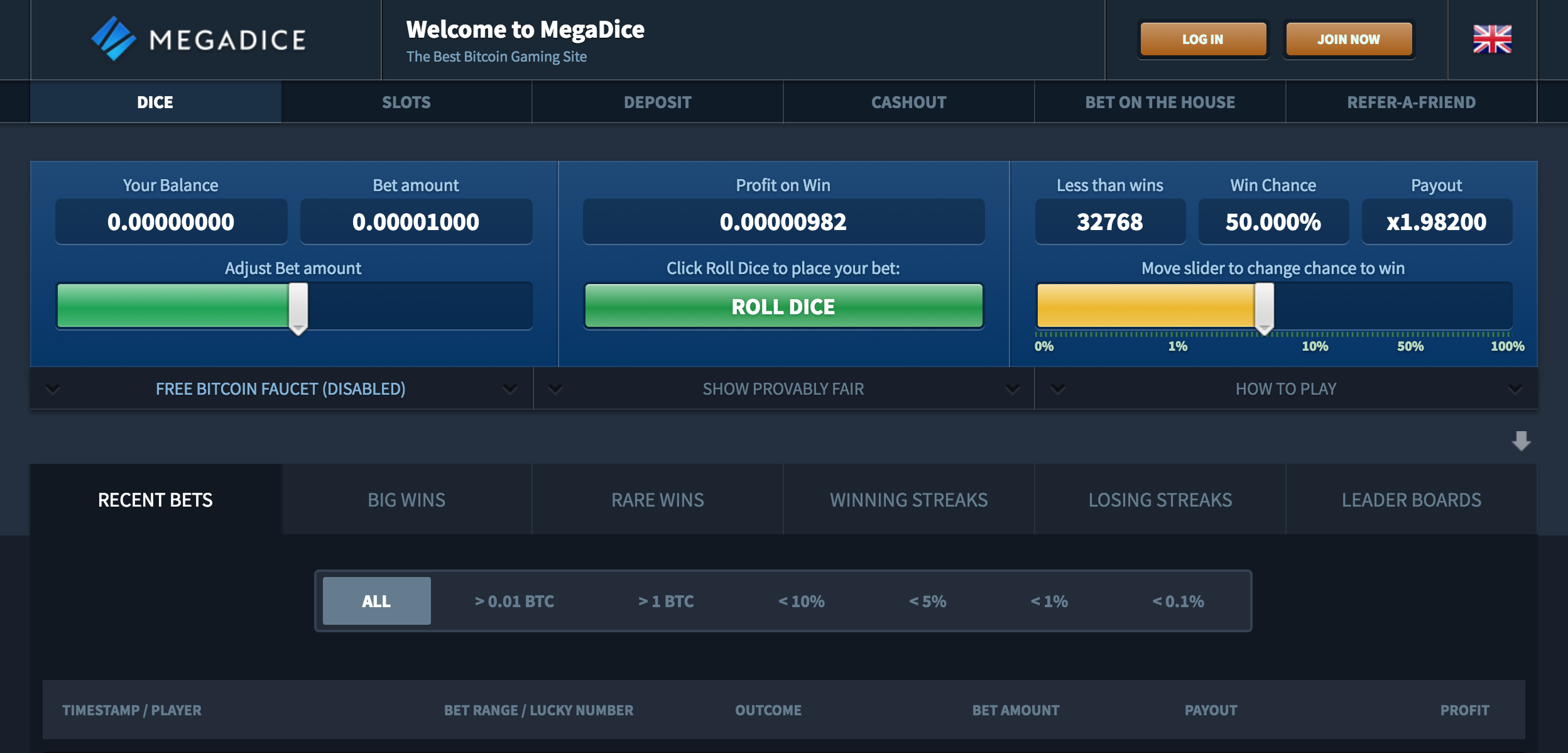 MegaDice Casino Home Page with dice game