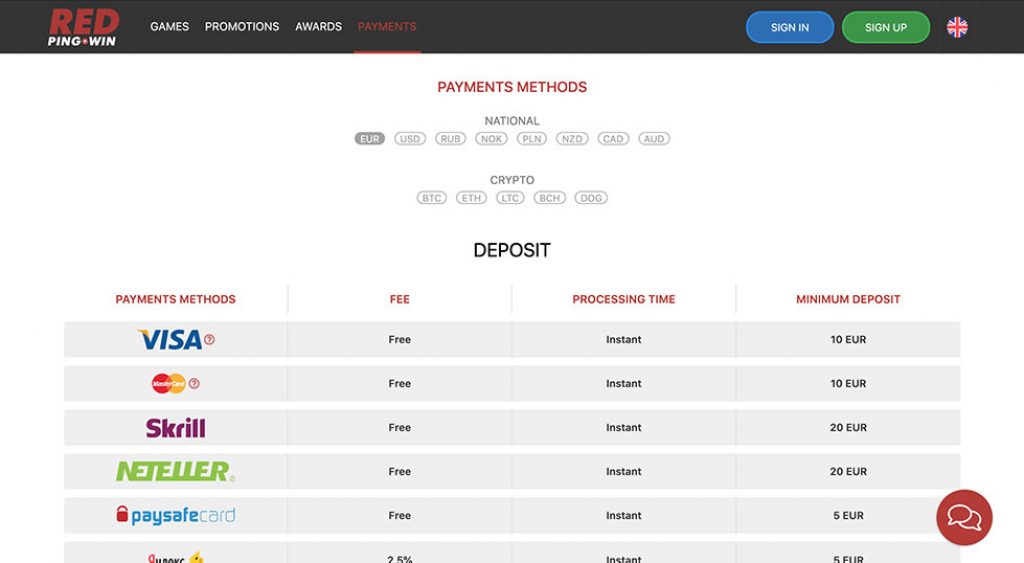  Red PingWin payment methods screen capture